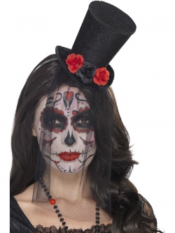 Černý mini klobouček s růžemi Day of the Dead
