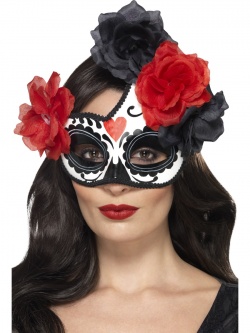 Černo-bílá škraboška Day of the Dead s růžemi